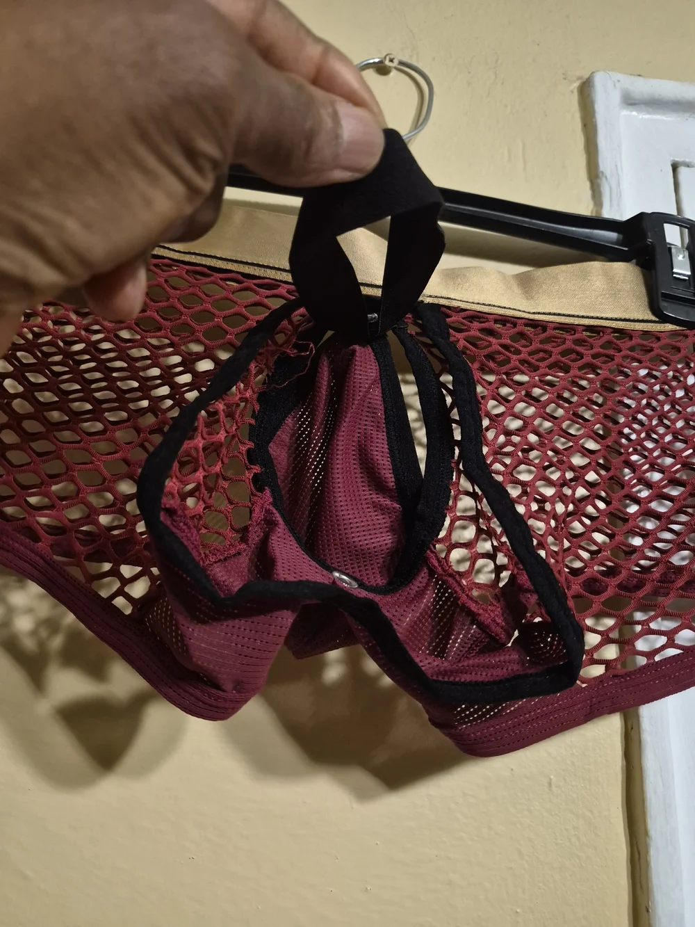 Men's Mesh Briefs with Gold Waistband - Burgundy, By KarenSpace SZ L